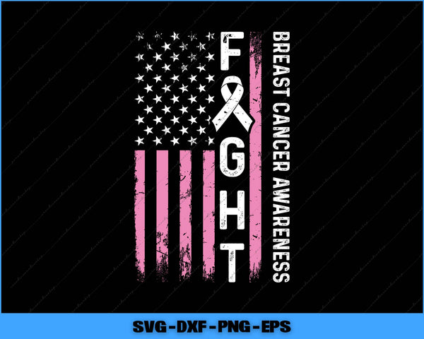 American flag with pink ribbon and 'FIGHT' text for breast cancer awareness on a black background.