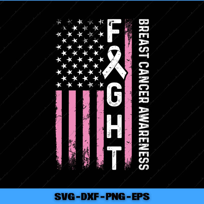 American flag with pink ribbon and 'FIGHT' text for breast cancer awareness on a black background.