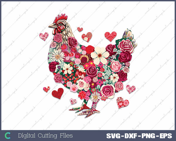 Floral Chicken Valentines Day SVG PNG Cutting Printable Files