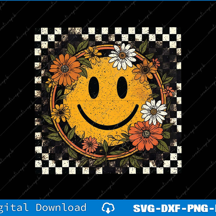 Smiley face with floral design on a black background