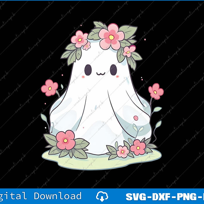 Cute ghost with floral crown and flowers on a black background