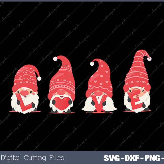 Four Gnomes Holding Heart Valentine's Day SVG PNG Cutting Printable Files