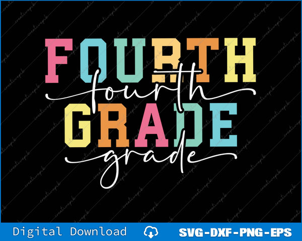 Colorful 'Fourth Grade' text on a black background with digital download options.
