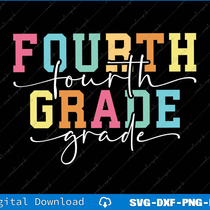 Colorful 'Fourth Grade' text on a black background with digital download options.