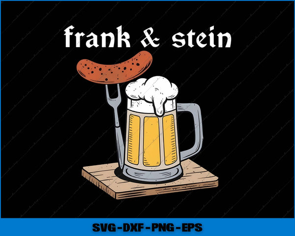 Illustration of a mug of beer, fork with a sausage, and 'frank & stein' text on a black background.