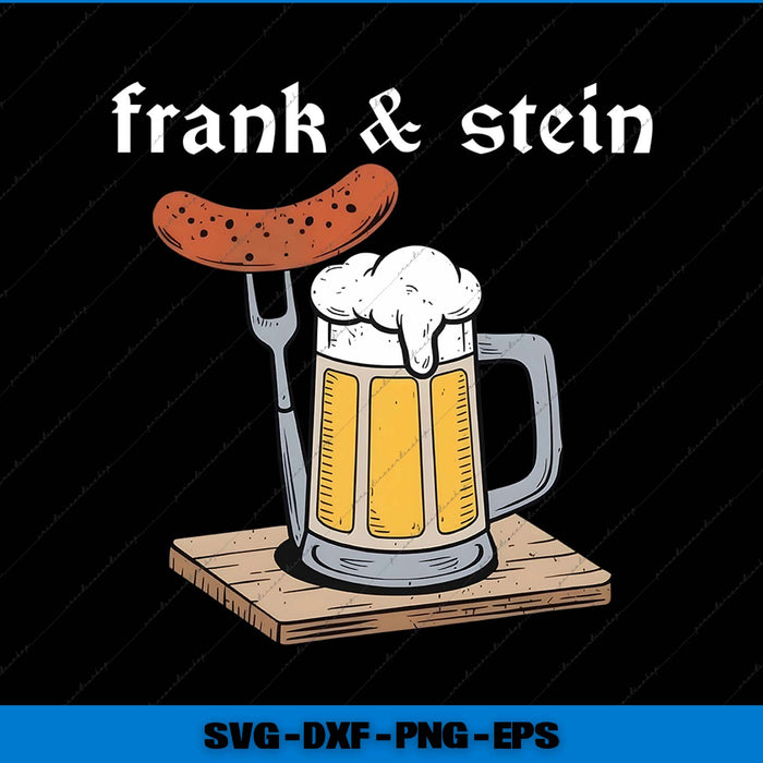 Illustration of a mug of beer, fork with a sausage, and 'frank & stein' text on a black background.