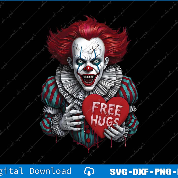 Scary clown holding a heart with 'FREE HUGS' text on a black background