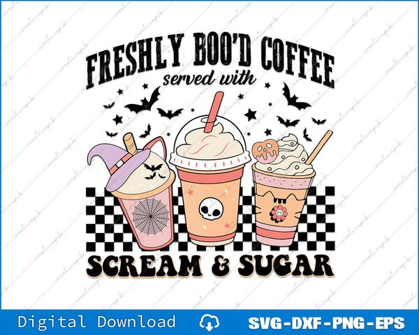 Halloween-themed coffee cups with text 'Freshly Boo'd Coffee served with Scream & Sugar' on a white background.