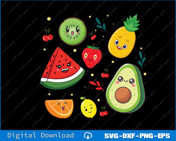 Cartoon fruits with faces on a black background