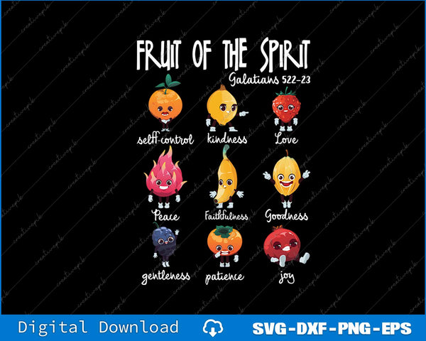 Illustrations of fruits with corresponding 'fruit of the Spirit' attributes on a black background.