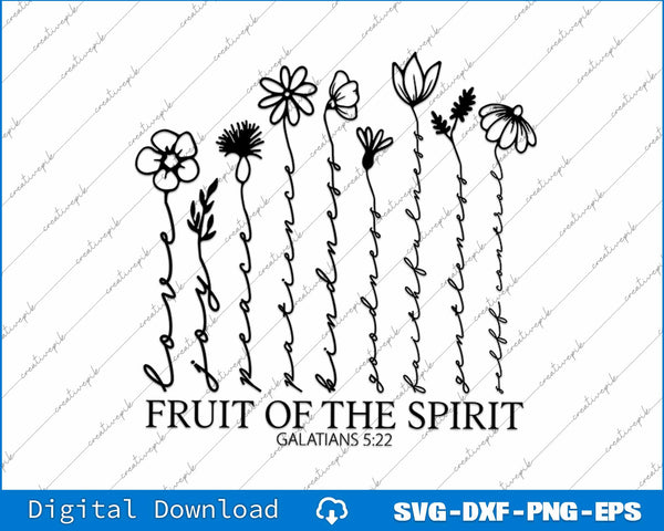 Black line art of flowers with 'Fruit of the Spirit' text on a white background