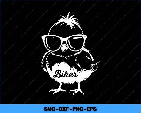 Illustration of a bird wearing sunglasses and a biker jacket with 'Biker' text on a black background.