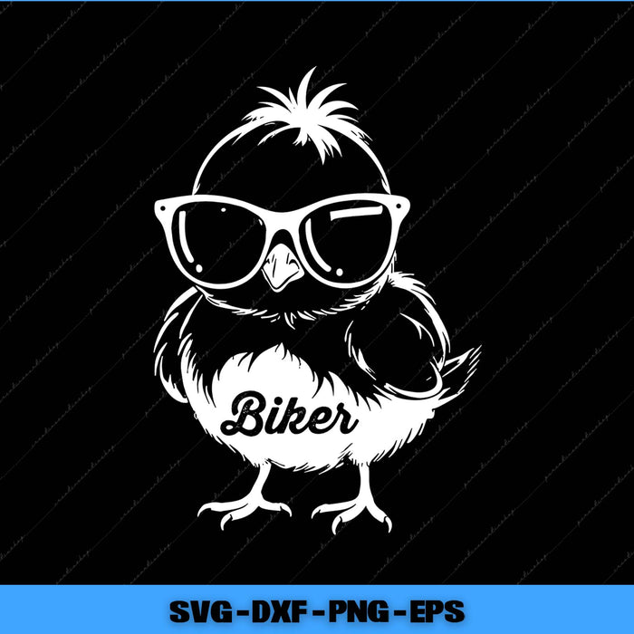 Illustration of a bird wearing sunglasses and a biker jacket with 'Biker' text on a black background.