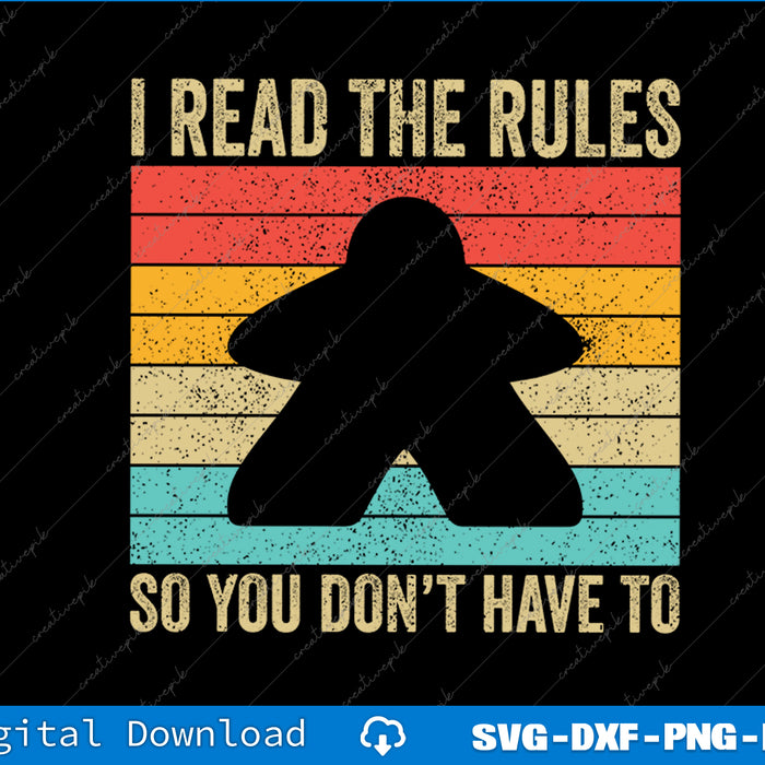 Vintage-style graphic with text 'I Read the Rules So You Don't Have To' and a silhouette of a character on a striped background.
