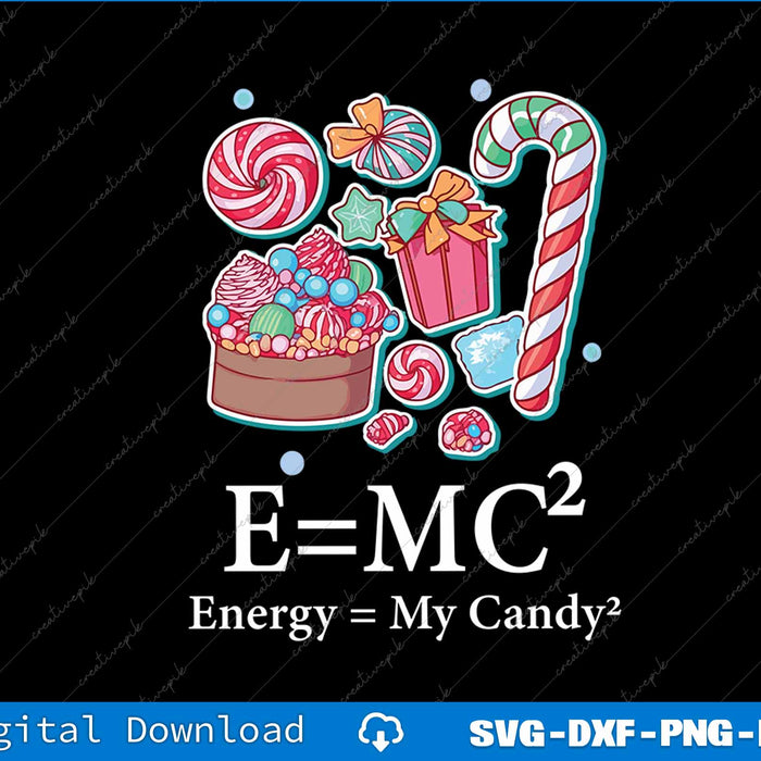 Holiday-themed design with candy illustrations and E=MC2 equation on a black background.