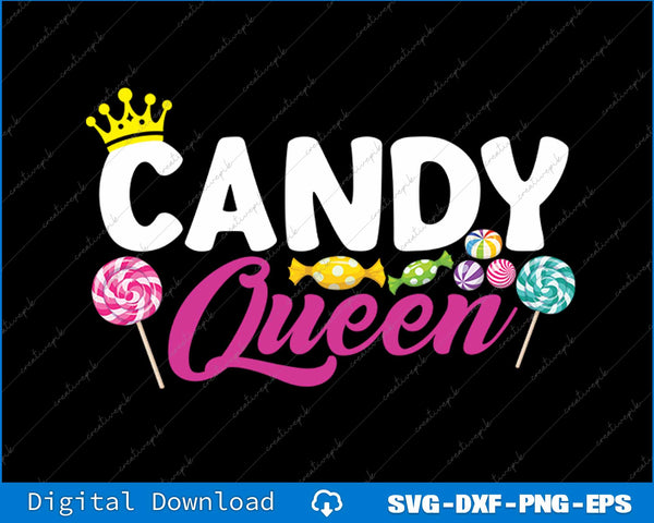 Candy Queen design with lollipops and a crown on a black background