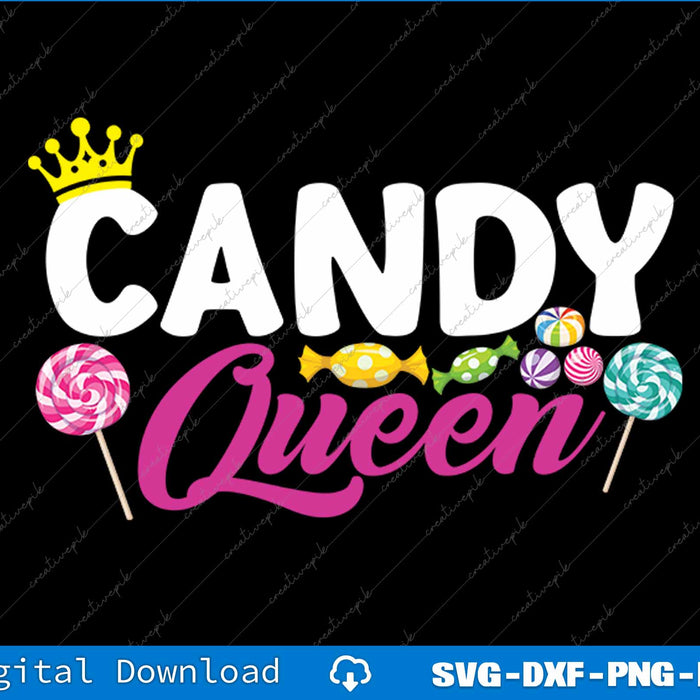 Candy Queen design with lollipops and a crown on a black background