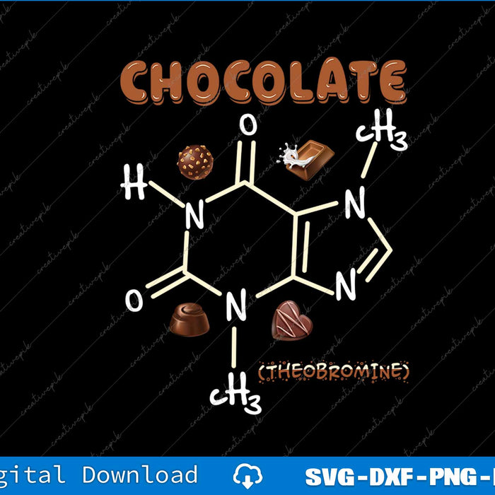 Chocolate molecule diagram with 'Theobromine' text on a black background