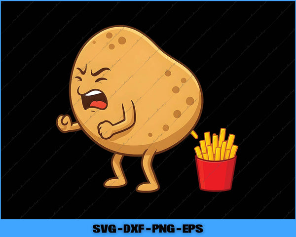Cartoon potato with a angry expression next to a bucket of fries on a black background