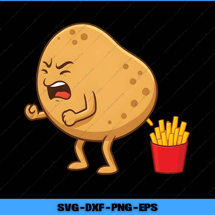 Cartoon potato with a angry expression next to a bucket of fries on a black background