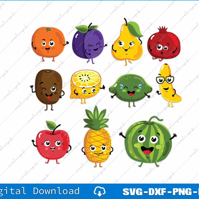 Cartoon fruits with faces on a white background, digital download options shown.