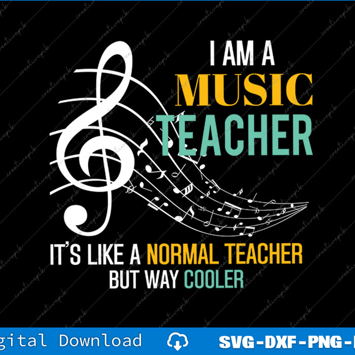 Music teacher graphic with text and musical symbols on a black background