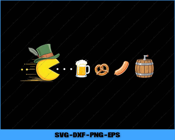 Illustrations of a leprechaun hat, beer mug, pretzel, hot dog, and barrel on a black background with 'SVG DXF PNG EPS' text at the bottom.