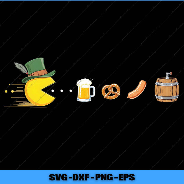 Illustrations of a leprechaun hat, beer mug, pretzel, hot dog, and barrel on a black background with 'SVG DXF PNG EPS' text at the bottom.