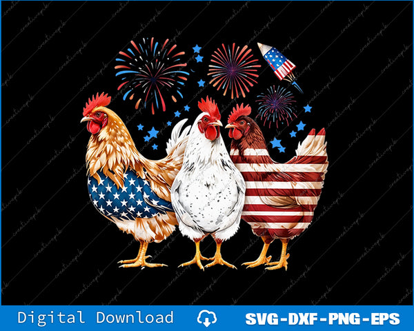 Three chickens with American flag patterns and fireworks in the background on a black background.