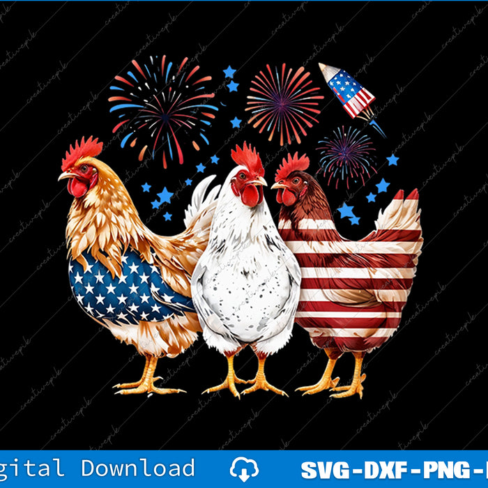 Three chickens with American flag patterns and fireworks in the background on a black background.