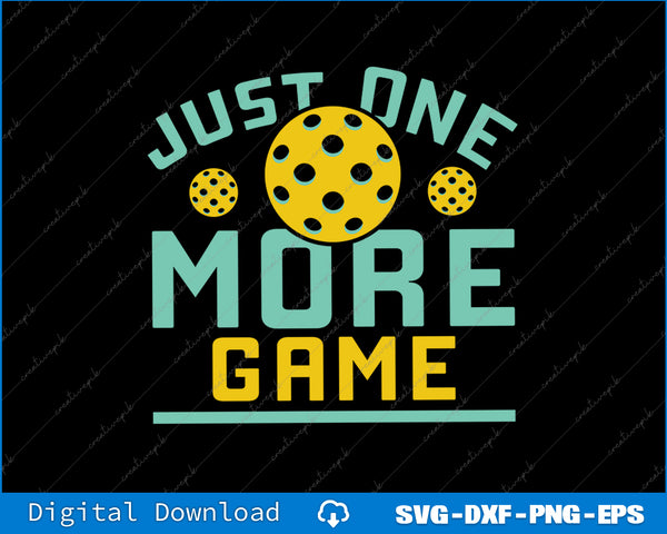 Typography design with 'Just One More Game' text and polka dot elements on a black background.