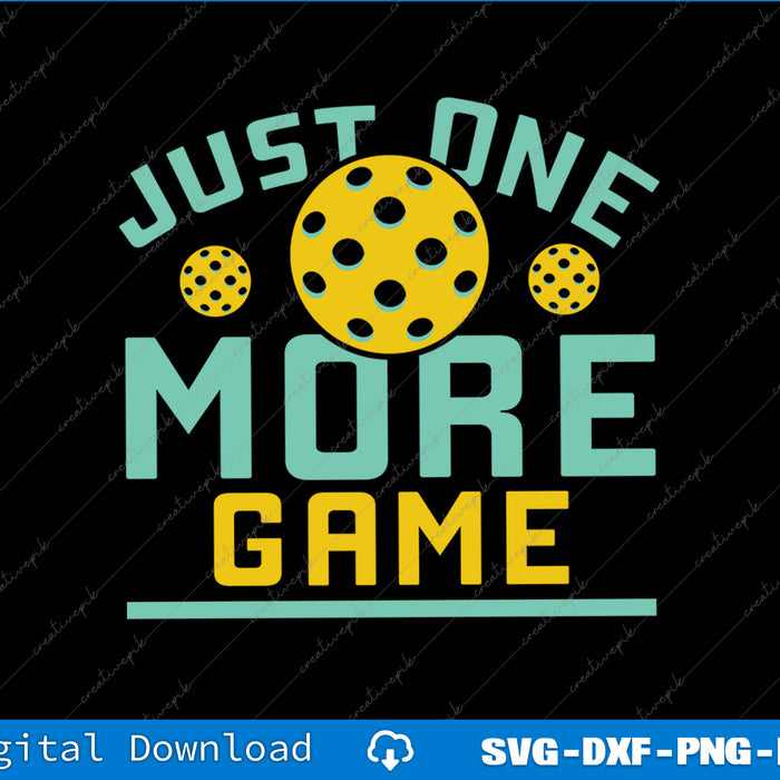 Typography design with 'Just One More Game' text and polka dot elements on a black background.