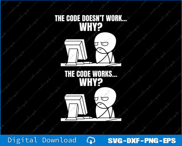 Cartoon of a person at a computer with text 'The code doesn't work.