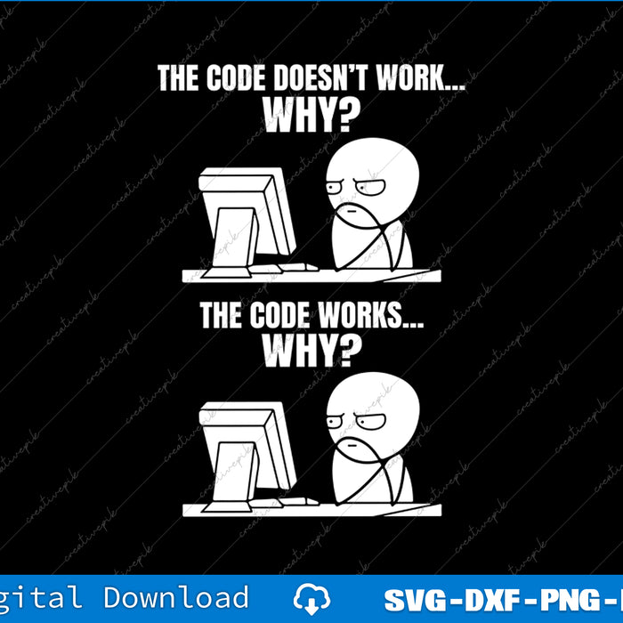 Cartoon of a person at a computer with text 'The code doesn't work.
