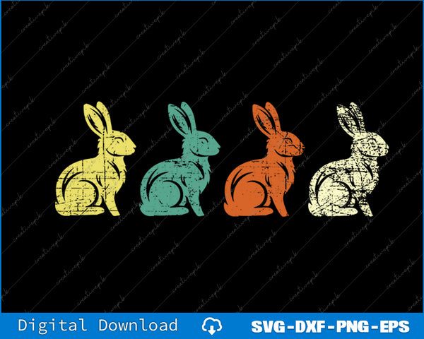 Four colorful rabbit illustrations on a black background with digital download text at the bottom.