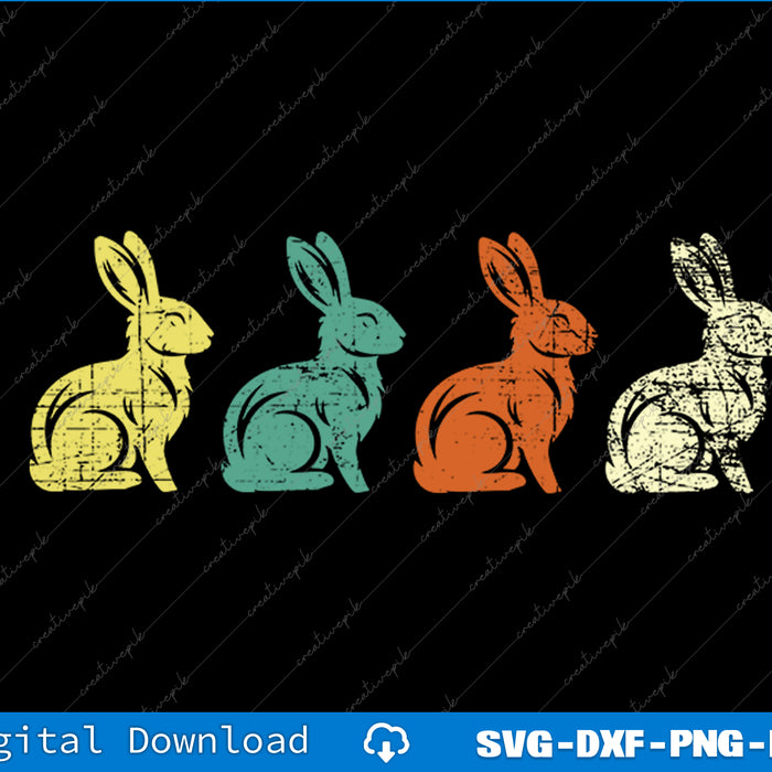 Four colorful rabbit illustrations on a black background with digital download text at the bottom.