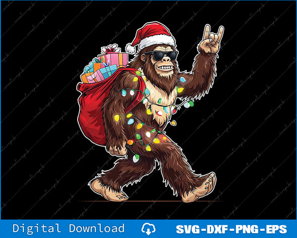 Illustration of a Christmas-themed bigfoot character with lights, gifts, and a Santa hat on a black background.