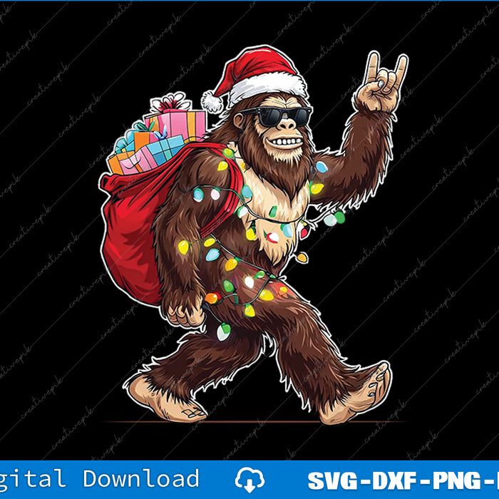 Illustration of a Christmas-themed bigfoot character with lights, gifts, and a Santa hat on a black background.