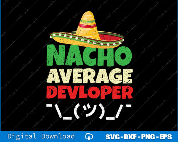 Slogan 'Nacho Average Developer' with a sombrero graphic on a black background