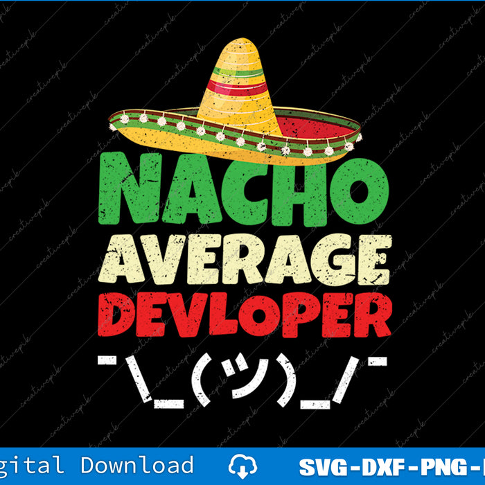 Slogan 'Nacho Average Developer' with a sombrero graphic on a black background