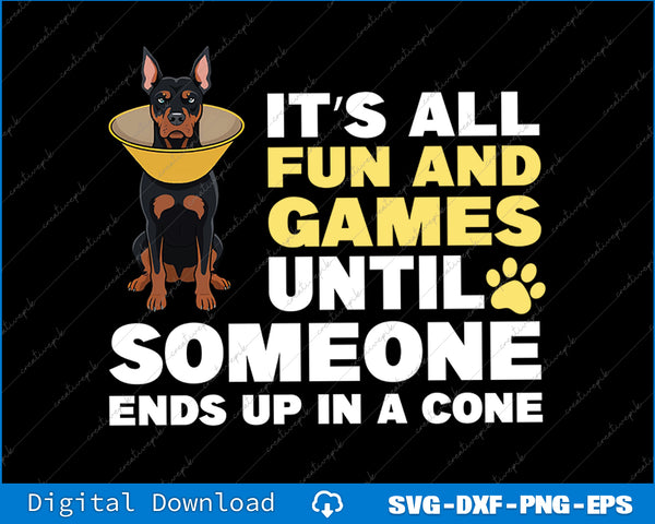 Dog wearing a cone with humorous text on a black background