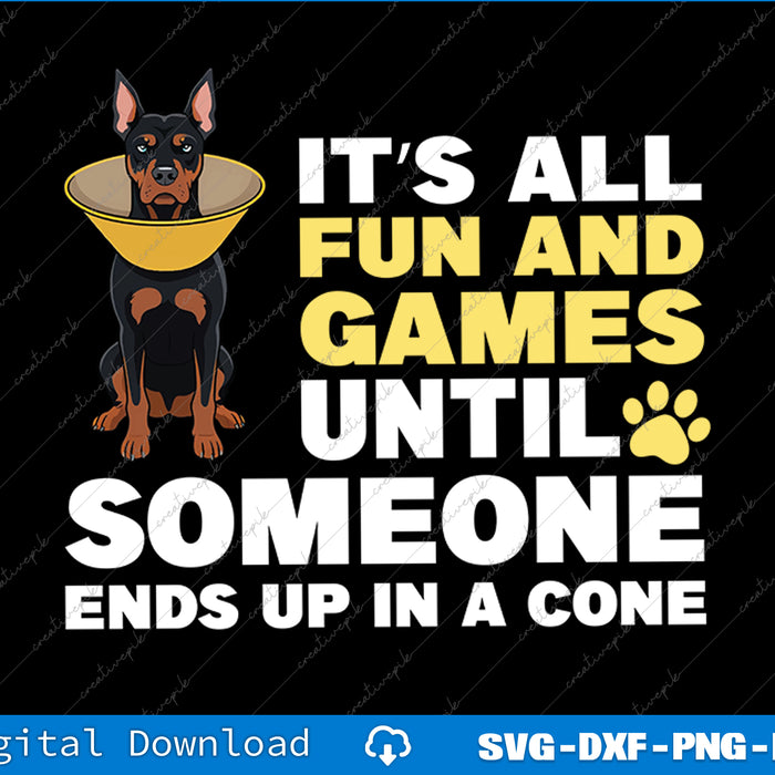 Dog wearing a cone with humorous text on a black background