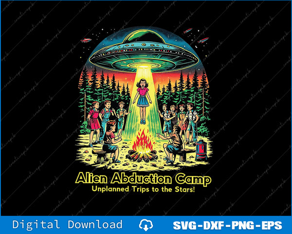 Illustration of an alien abduction scene with a UFO and people around a campfire, labeled 'Alien Abduction Camp'.