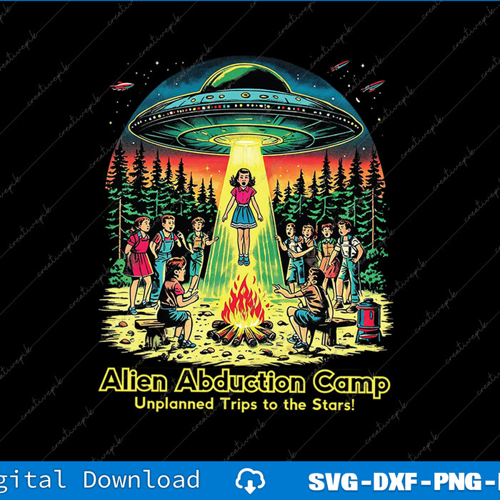 Illustration of an alien abduction scene with a UFO and people around a campfire, labeled 'Alien Abduction Camp'.