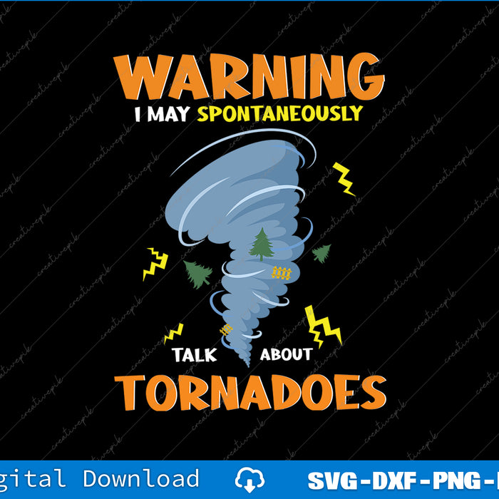 Warning graphic about tornadoes with a stylized tornado illustration on a black background.