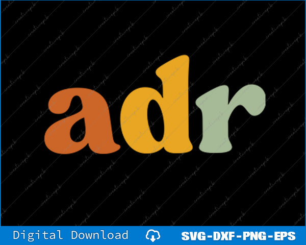 Colorful 'adr' text on a black background with digital download options at the bottom.