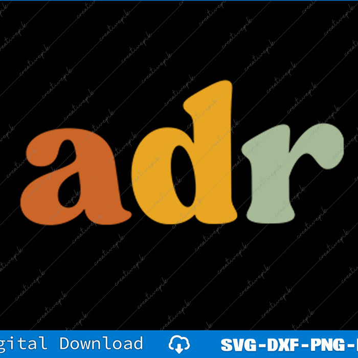 Colorful 'adr' text on a black background with digital download options at the bottom.