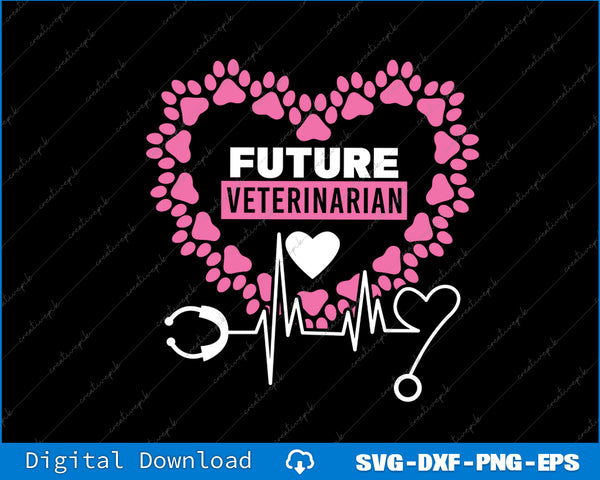 Heart-shaped design with paw prints, stethoscope, and text 'Future Veterinarian' on a black background.