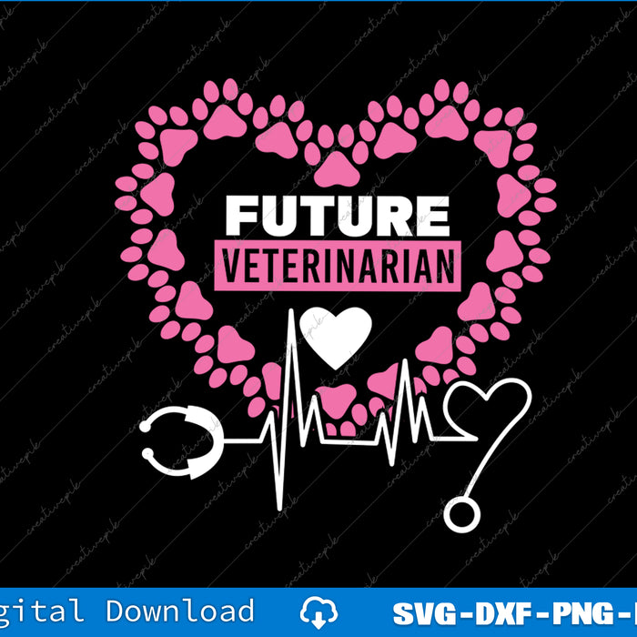 Heart-shaped design with paw prints, stethoscope, and text 'Future Veterinarian' on a black background.