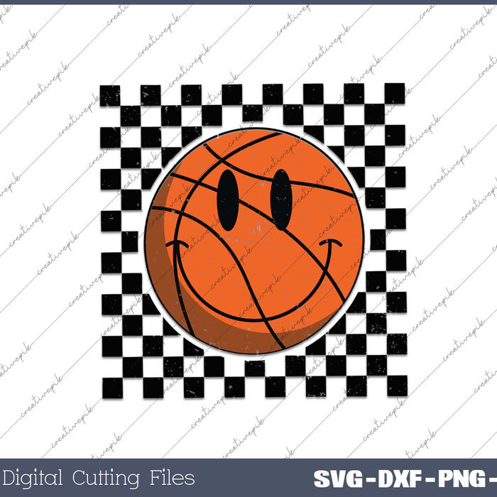 Game Day Basketball Smile Face Checkered Retro Vintage Style SVG PNG Cutting Printable Files